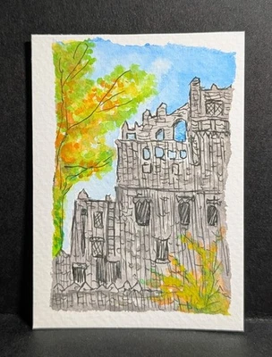 ACEO Original Watercolor Ink Castle Ruins Mini Art Card Fall Trees Landscape ATC - Image 1 of 2