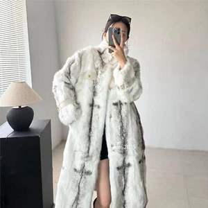 Western Real Rabbit Fur Womens Stand Collar Mid Long Trench Coat Overcoat Winter - Picture 1 of 28