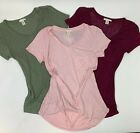 3pk Womens Casual V-Neck Boxy Tee Shirt Top Small Medium Large Pink Green Maroon