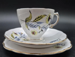 Vintage MCM Royal Vale Bone China Tea Trio Blue/Yellow Design Made England - Picture 1 of 3