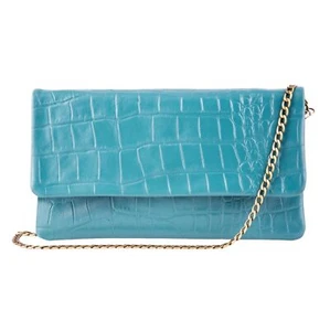 Womens Teal Leather Clutch Cross Body Shoulder Crocodile Printed Cowhide Bag - Picture 1 of 3