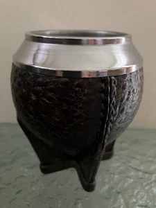 Vintage Handmade Leather Pot with Metal Rim Folk Art - Picture 1 of 6
