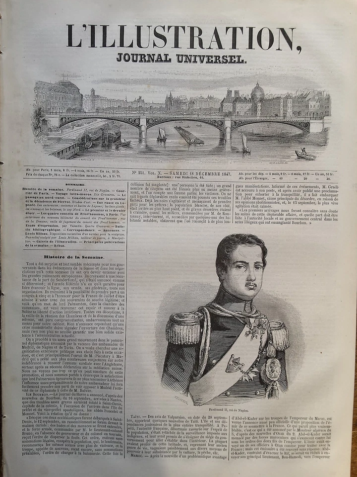 L'Illustration 1847 No 251 - Ferdinand II,King of Naples And Of Deux Sicilies - Image 1 of 1
