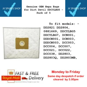 Dirt Devil DDCYLBG5 Vacuum Cleaner Bags Pack of 5 - ARG4081881 - Bild 1 von 3