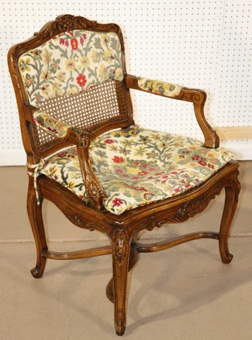 Single French Louis XV Cane Walnut Carved Boudoir or Corner Chair, Circa 1940 Cover