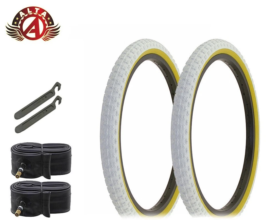 2 Alta BICYCLE 20 X 1.75 BMX TIRES WHITE/GUM COMP III TREAD W/TUBES & PRY LEVERS - Image 1 of 1