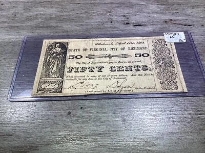 1862 Fifty Cent Fractional Note State of Virginia City of Richmond 050924 65re - Image 1 of 3