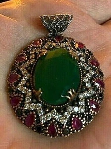  JEWELED LARGE BEAUTIFUL TURKISH PENDENT SET IN STERLING SILVER AND BRONZE - Picture 1 of 12