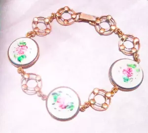 SALE* Gorgeous ANTIQUE 12k ROSE GOLD GF GUILLOCHE PINK ROSE ENAMEL BRACELET 10gm - Picture 1 of 13