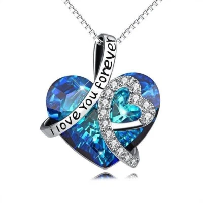 925 Collana Placcata Argento Cristallo Ciondolo Lucente Cuore Love Forever Mom - Immagine 1 di 3