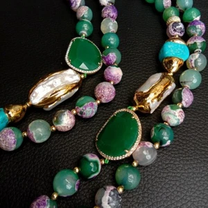 Collar MultiHebra Verde Púrpura Ágata Blanco Perla Biwa Cristal Turquesa - Imagen 1 de 6