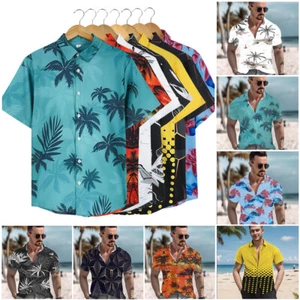 Hawaiian Shirt Mens Printed Palm Sunset Stag Beach Party Fancy Dress Holiday Top - Picture 1 of 21
