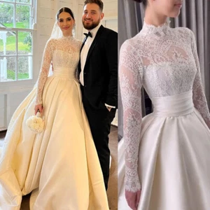 A Line Lace Wedding Dresses High Neck Long Sleeves with Sweep Train Bridal Gowns - Picture 1 of 14
