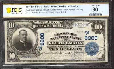 1902 PB $10 STOCK YARDS NATIONAL BANKNOTE SOUTH OMAHA NEBRASKA PCGS 30 VF (448E) - Image 1 of 2