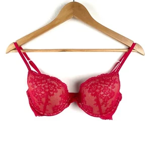 Pleasure State Push Up Bra Size 10D Red Floral Lace Underwire Padded Rhinestone - Picture 1 of 9