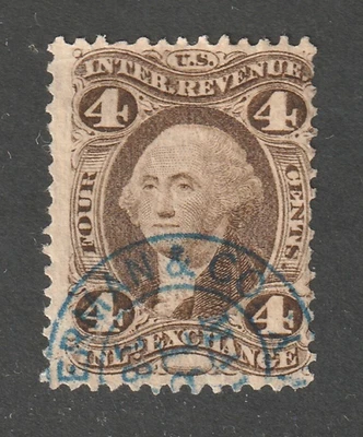 Scott # R20c, Used, F, 4¢ Inland Exchange, Blue Hand-Stamped CDS Cancel - Image 1 of 2