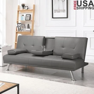Faux Leather Futon Sofa Bed W/ Cup Holders & Pillows Convertible Small Space New - Picture 1 of 10