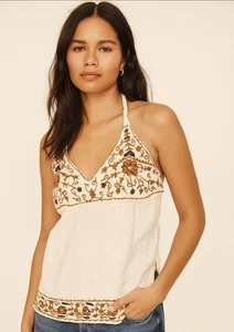 Vintage Prana bestickt Neckholder Top Damen Medium Elfenbein Boho Western Y2K Hippie - Bild 1 von 9