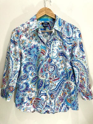 Chaps Women’s Shirt Size Large Blue Floral Long Sleeve Button Up Blouse Top - Image 1 of 4