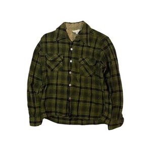Camicia anni 60 verde a quadri lana flanella tavola colletto ad anello patta tasca grunge riparazioni - Foto 1 di 6