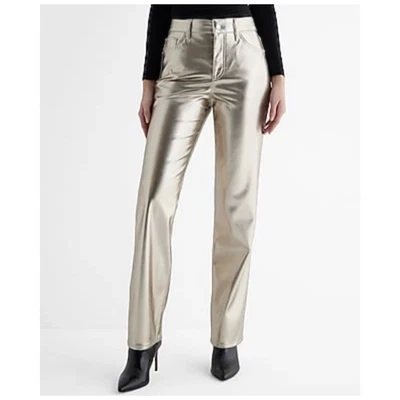 NWT Express Modern Straight High Rise Pants Gold Metallic Faux Leather Pockets 2 - Image 1 of 4
