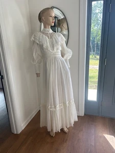 Vintage 70’s Maxi Prairie Hippie Wedding Dress Lace Bell Wing Sleeves Gunne - Picture 1 of 9