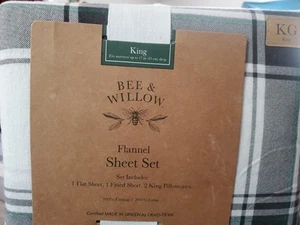 NEW Bee & Willow Flannel KING Cotton Winter Plaid Charcoal Sheet Set - Picture 1 of 4