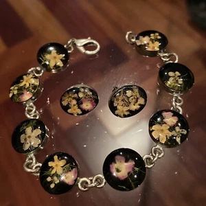 Vintage Pressed Dried Flowers Lucite Sterling Silver 925 Bracelet - Picture 1 of 11