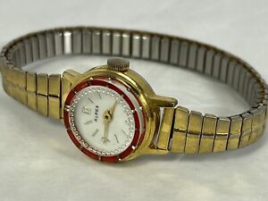 Vintage Alfex Swiss Mechanical Wind Ladies Watch w/Red Bezel & Domed Glass