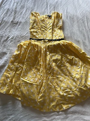 Vestido Lands End Meninas Tamanho 12 Amarelo Branco Bolinhas Fita Azul Marinho Excelente Estado Usado Primavera - Imagem 1 de 4