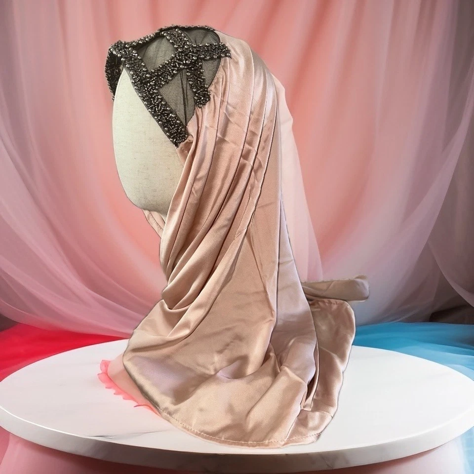 • New | Elegant Light Pink Satin Hijab/Head Scarf Formal with Embellished Overla - Image 1 of 1