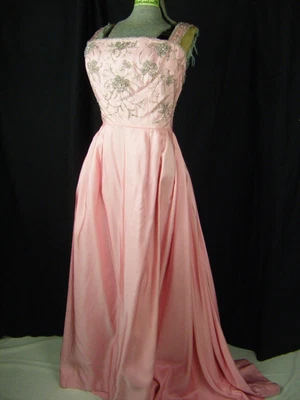 Vestido de festa RAPPI vintage anos 50 rosa prata frisado pesado floral - busto 33/2XS - Imagem 1 de 4