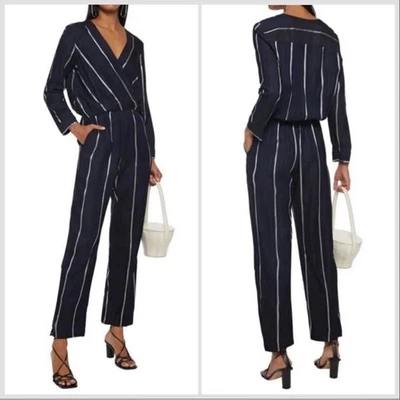 MAJE PANTI Jumpsuit Navy w Silver Metallic Pinstripes Long Sleeve Size 4 - Imagem 1 de 4