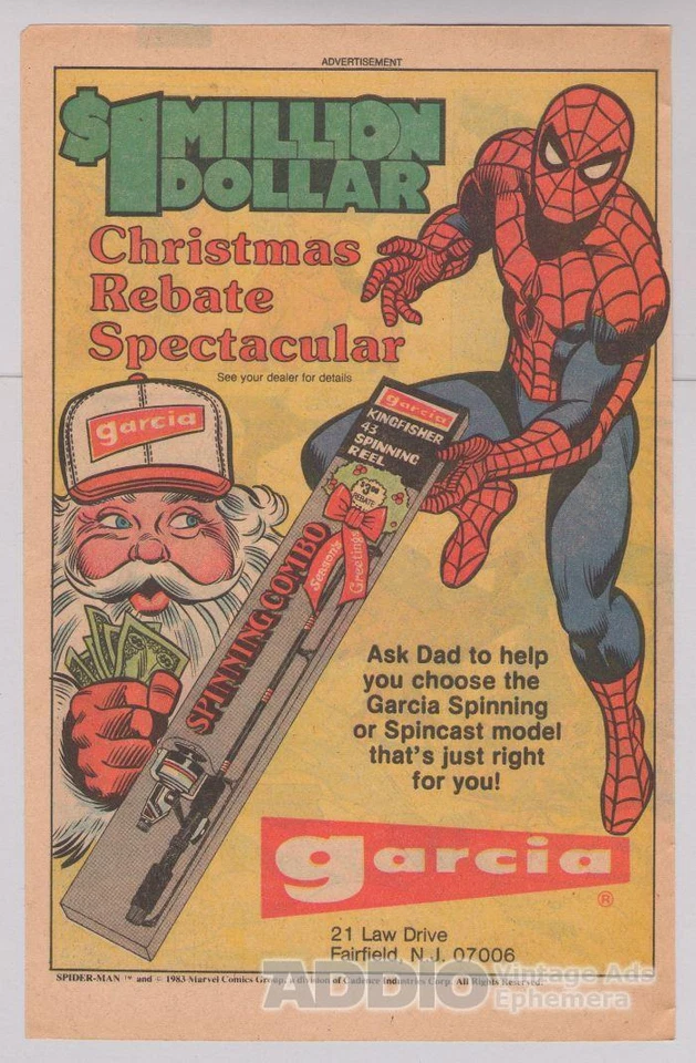 Carrete giratorio GARCIA AÑOS 80 ANUNCIO IMPRESO Kingfisher caña de pescar Spider-Man Navidad Foto 1 de 1