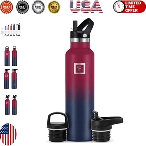 3-Lid Insulated Sports Water Bottle - 24Oz Dark Rainbow - Leak Proof Design - Picture 1 of 8