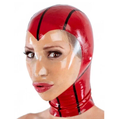 Latex Hood Open Eyes Mouth Back Zipper Red Spliced Transparent Club Wear Mask - Image 1 of 4