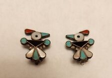 Vintage Zuni Bird Earrings Turquoise Red Coral Jet MOP Sterling Silver Clip On 