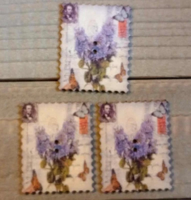 3 Lavender Flower Stamp Sewing Buttons Crafting Wood 2 Hole 1.5" x 1 1/8"  - Image 1 of 2
