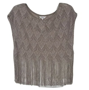 Kirra Womens Size XS / S Gold Open Knit Short Sleeve Crop Top with Fringed Hem  - Picture 1 of 9