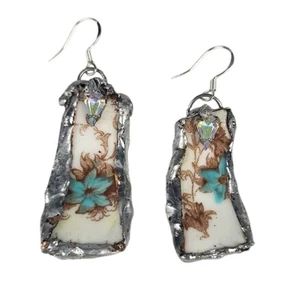 Handcrafted Broken China Bar Blue Floral AB Crystal Earrings - Picture 1 of 2