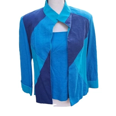VTG ColorBlock Twofer Linen Office Set Sz 10 80s Jacket and Tank Career Rave - Image 1 of 4