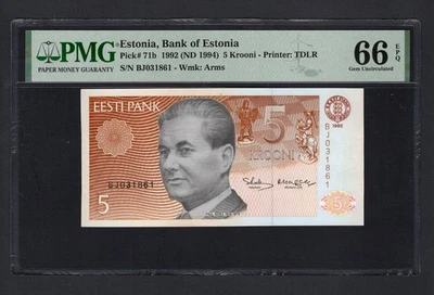 Estonia 5 Krooni 1992 (ND 1994) P71b Uncirculated Graded 66 - Image 1 of 2
