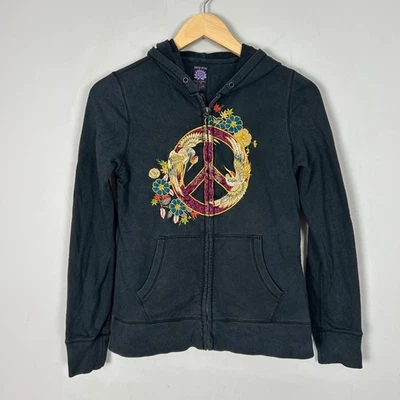Y2K Vintage Lucky Brand Hoodie Sweatshirt Embroidered Peace Boho Size Small - Image 1 of 4