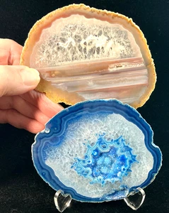 SET OF 2 - POLISHED BLUE and NATURAL QUARTZ AGATE SLAB - With stands - Picture 1 of 8
