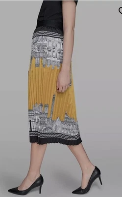 NUEVO 14 Karl Lagerfeld Falda Plisada Satén Dorado Negro París Estampado Cintura Elástica Foto 1 de 4