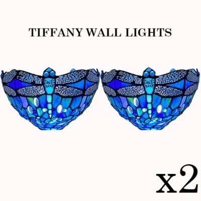 Pair of 2 Tiffany Style Blue Wall Light Handcrafted Stained Glass Uplighter Lamp - Image 1 of 4