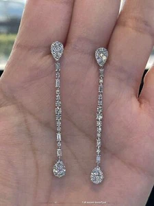 2Ct Round Cut Created Diamond Drop Dangle Wedding Earrings 14K White Gold Finish - Picture 1 of 4
