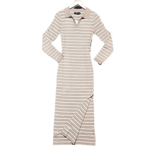 MIROL Womens Khaki Striped Bodycon Maxi Knit Dress Longsleeve V Neck Side Slit S - Picture 1 of 12