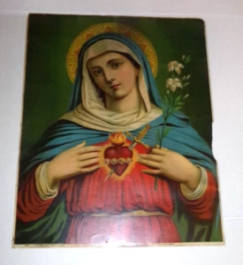 Antique Holy Heart of Mary Le-Tres Saint Coeur Lithograph 16x20 Print #2021 - Picture 1 of 9