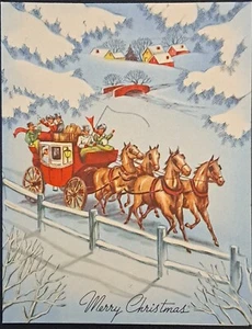 Vintage Weihnachtskarte 1945 - Pferdepostkutsche - Winterdorfszene - Bild 1 von 4